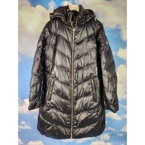 Michael Kors Chevron Quilted Hooded Down Puffer Coat Jacket L Black